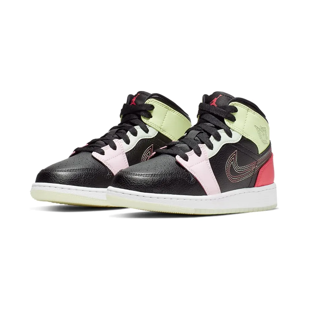 Jordan 1 Mid Glow-In-The-Dark (GS) Black/Ember Glow-Barely Volt-Light Soft Pink-Jade Aura (AV5174-076)