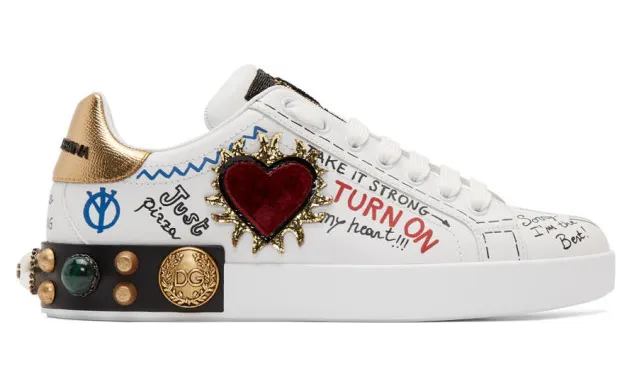 Dolce and Gabbana White Heart Graffiti Portofino Sneakers (CS1759 AH029)