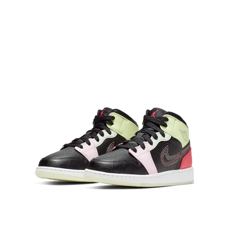 Jordan 1 Mid Glow-In-The-Dark (GS) Black/Ember Glow-Barely Volt-Light Soft Pink-Jade Aura (AV5174-076)