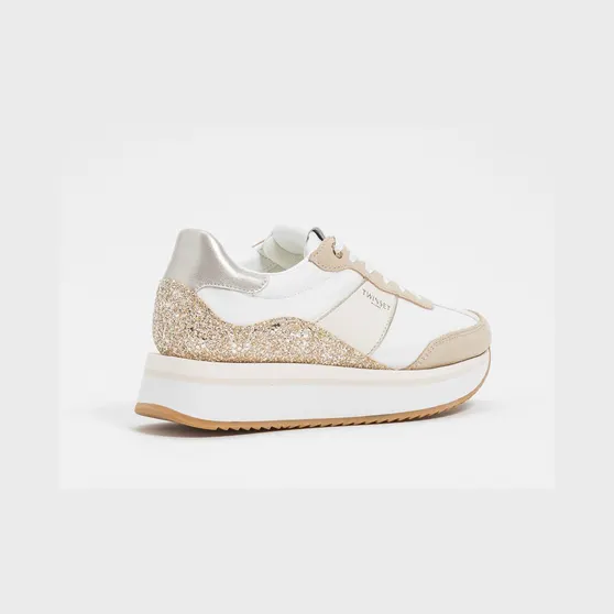 Twinset Suede And Nylon Glitter Sneakers Platinum (261TCP02013246)