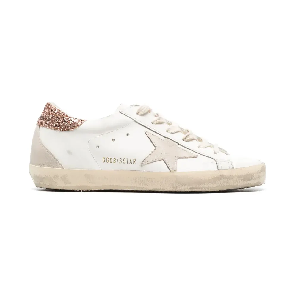 Golden Goose Super-Star mit Wildlederstern und pfirsichrosa Glitter-Fersenlasche – White (GWF00102F004489)