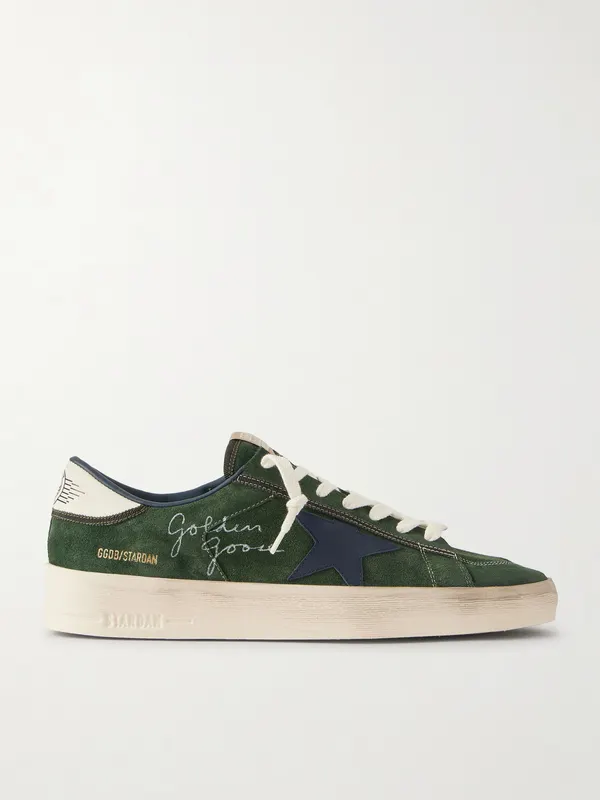 Golden Goose Stardan Distressed Leather-Trimmed Suede Sneakers Green (GMF00333.F008104)