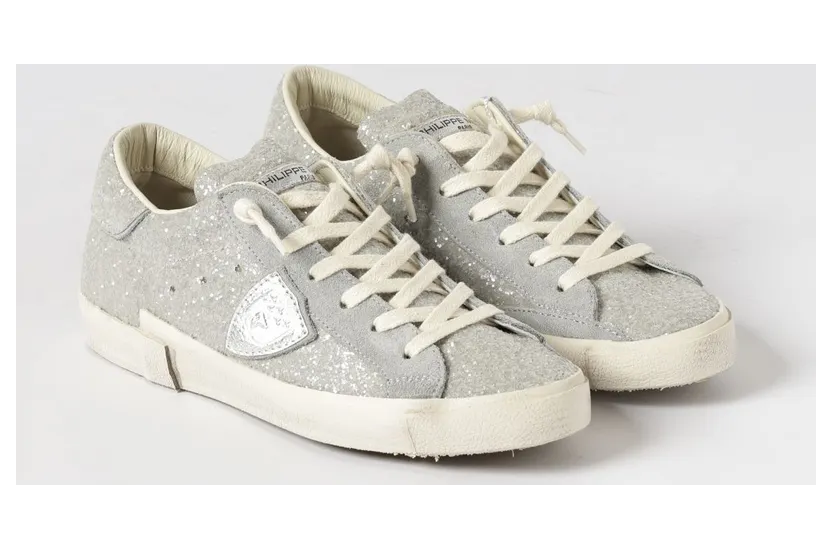 Philippe Model Low-Top Sneakers in Leather and Fabric with Glitter and Embroidery Silver (PRLDGG09)