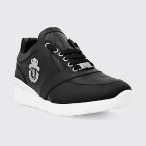 Billionaire Crest Runner Sneakers in Smooth and Grained Leather with Metallic Logo White 1 (RAESMSC2890BLE001N0201)