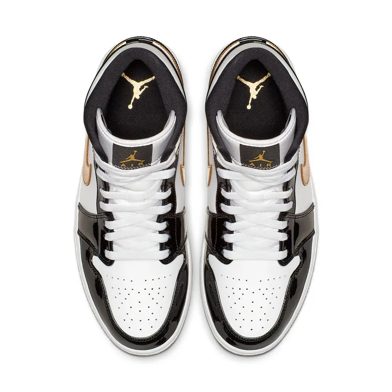 Air Jordan Nike AJ I 1 Mid Patent Black White Gold (852542-007)