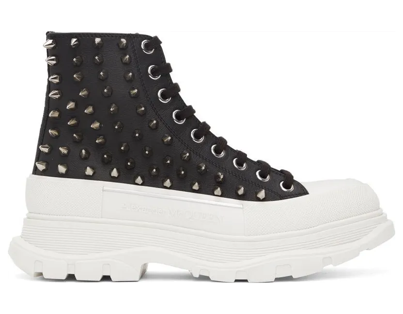 Alexander McQueen Black Leather Stud Tread Slick High Sneakers (708092WHZ63)