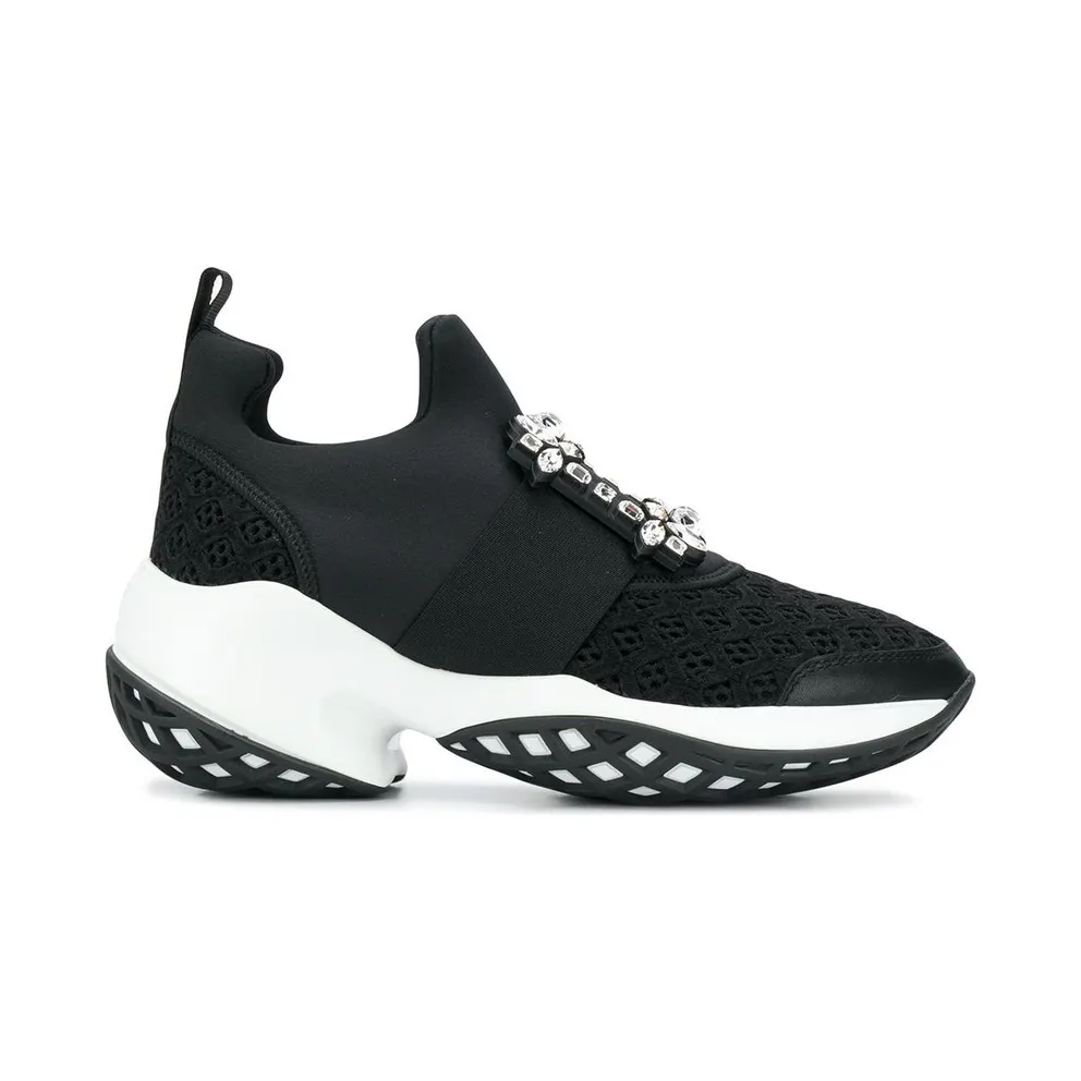 Roger Vivier Viv’ Run Fabric Black White Crystal Buckle (RVW50624180KOTB999)