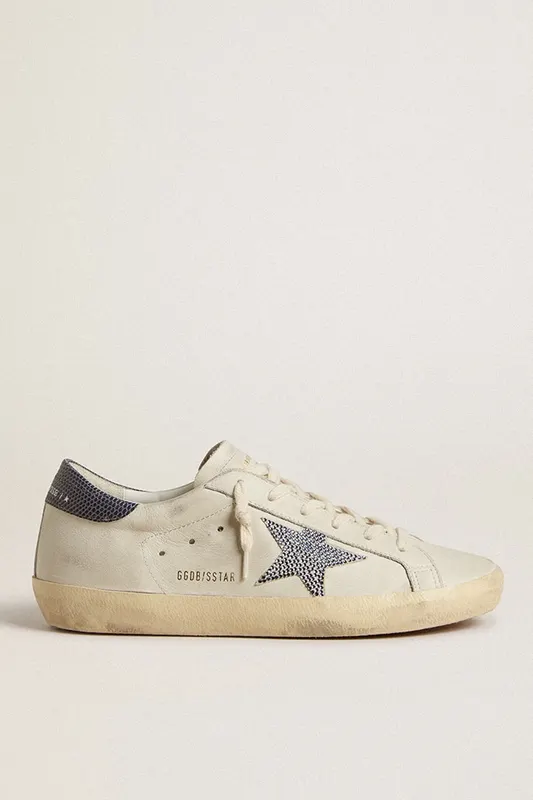 Golden Goose Super-Star With Cream-Colored Leather Star With Swarovski Crystals And Blue Leather Heel Tab With Lizard Print (GWF00101.F005870.10793)