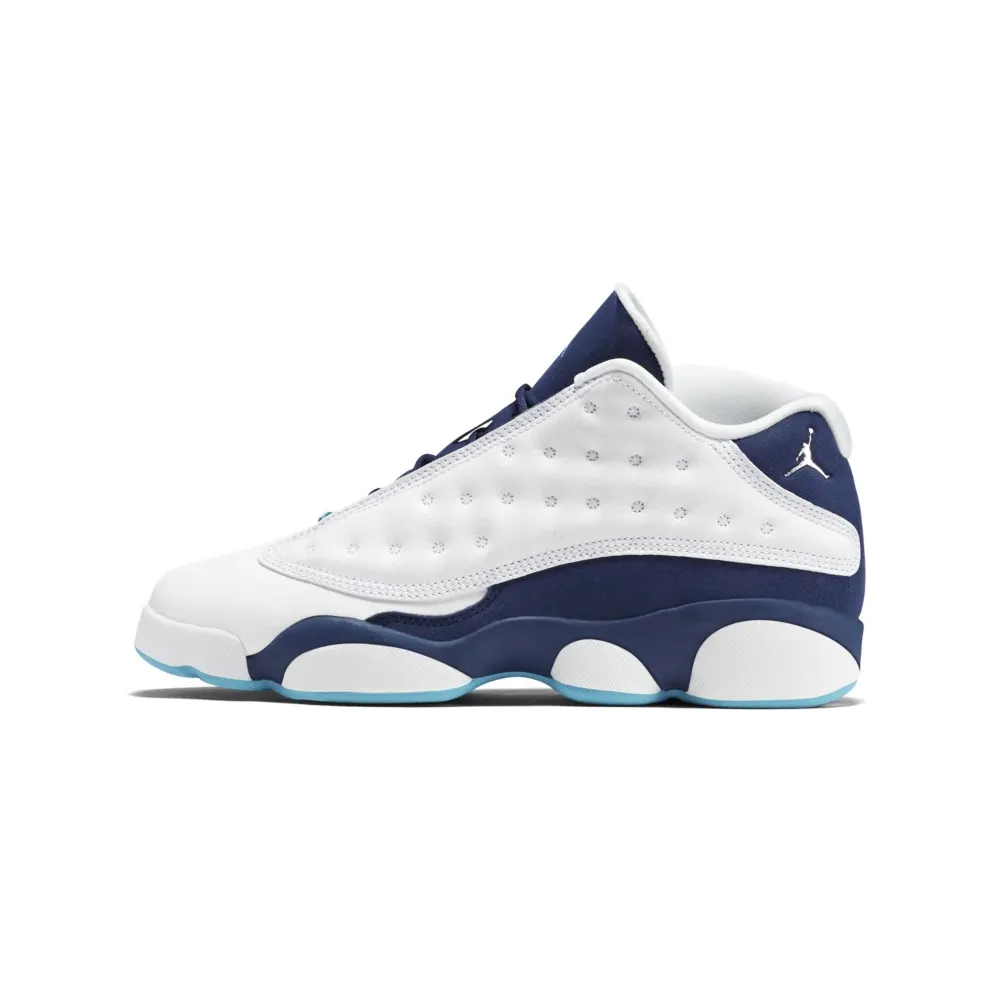 Jordan 13 Retro Low Hornets (GS) White/Metallic Silver-Midnight Navy-Turquoise Blue (310811-107)