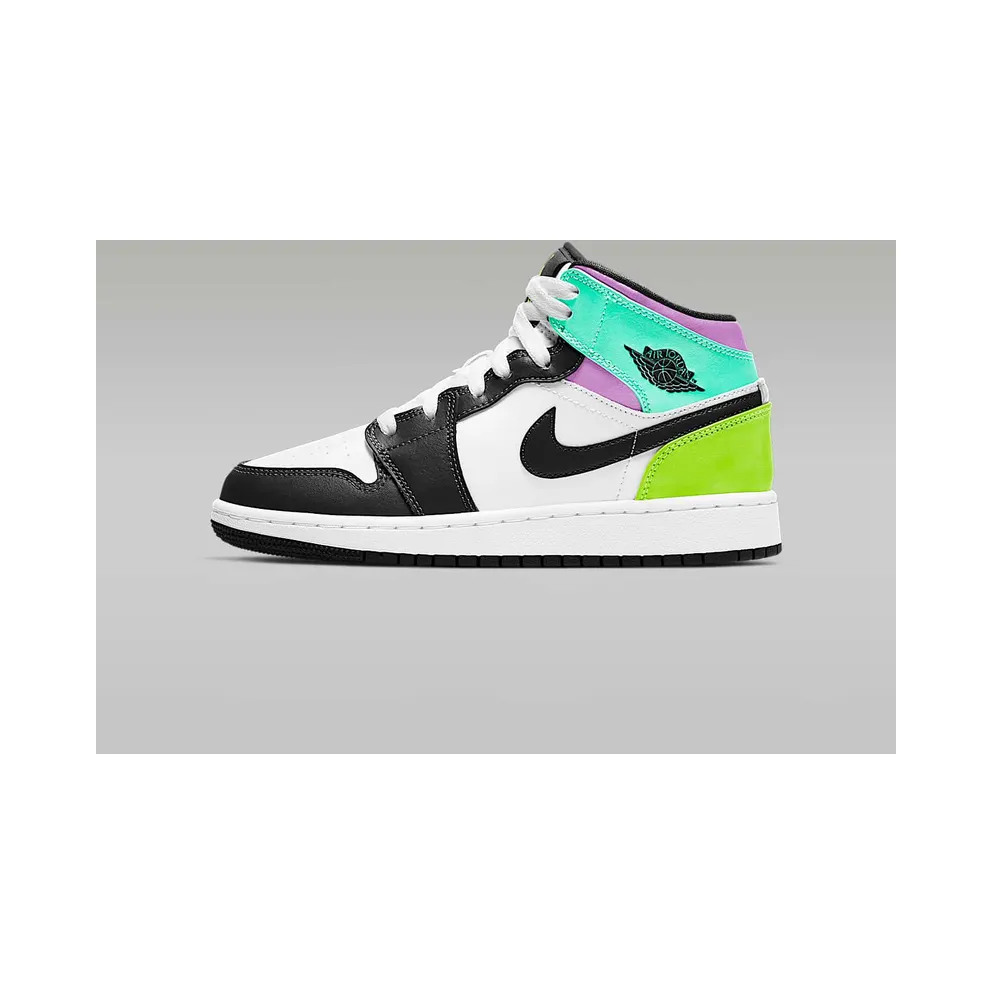 Air Jordan 1 Mid Pastel Black Toe (GS) (2021) – “White / Black-volt-green Glow” (554725-175)