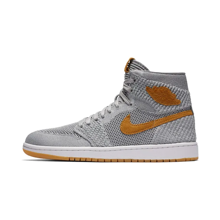 Jordan 1 Retro High Flyknit “Wolf Grey / Gum Yellow / White / Golden Harvest” (919704-025)