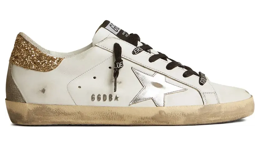 Golden Goose Super-Star aus weißem Leder mit glitzerndem Absatz (GWF00102F001460)