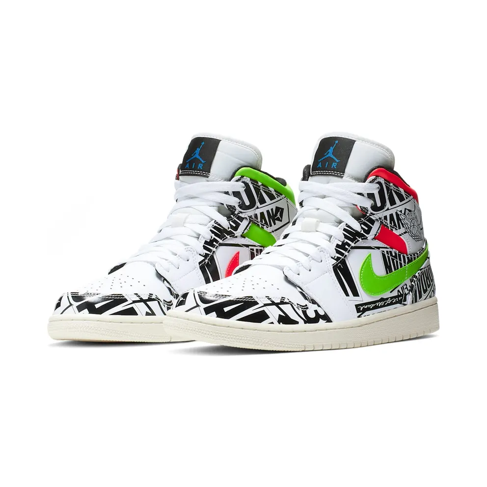 Jordan 1 Mid All Over Logos White/Racer Blue-Black-Cyber-Infrared 23-Sail (554724-119)