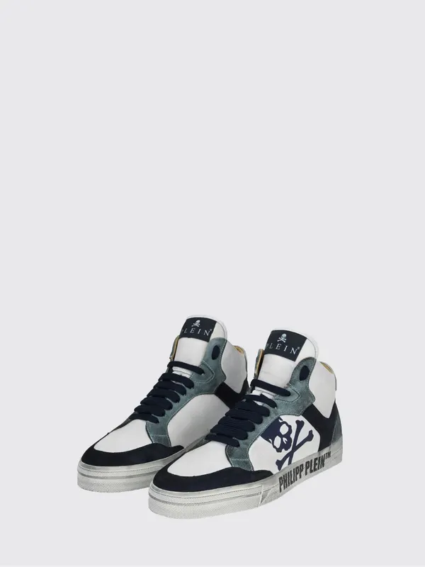 Philipp plein High-Top Skull Sneakers in Leather and Suede with a Worn Effect White (UAESUSC0890PLE005N0108)