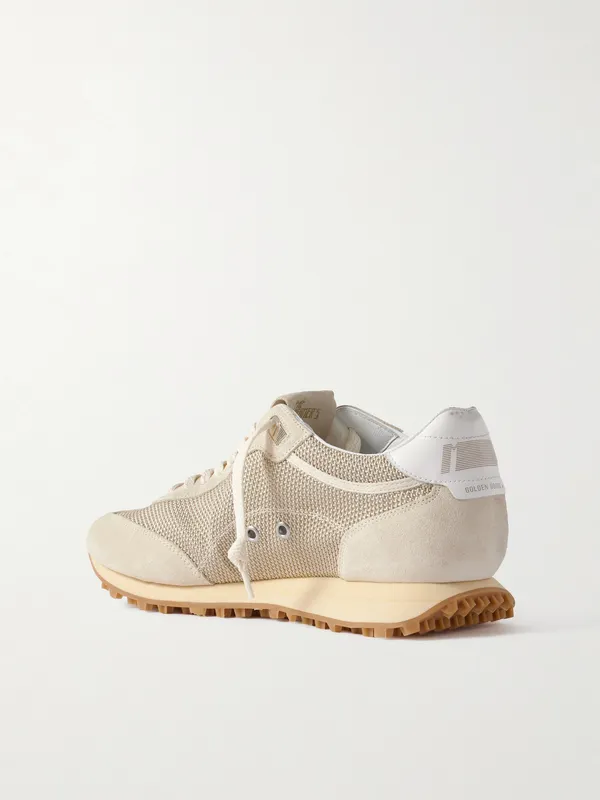Golden Goose Marathon Distressed Suede-Trimmed Printed Mesh Sneakers Beige (GMF00683.F007840) (4)