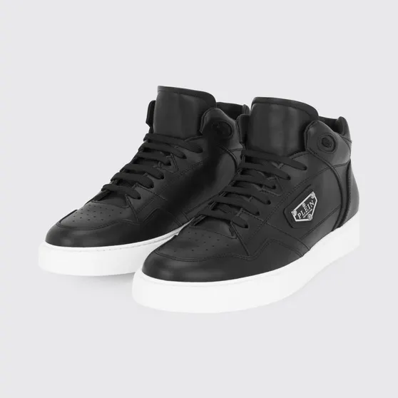 Philipp plein High-Top Lace-Up Sneakers in Smooth Leather with Perforated Toe Black (UAESUSC0891PLE005N02)