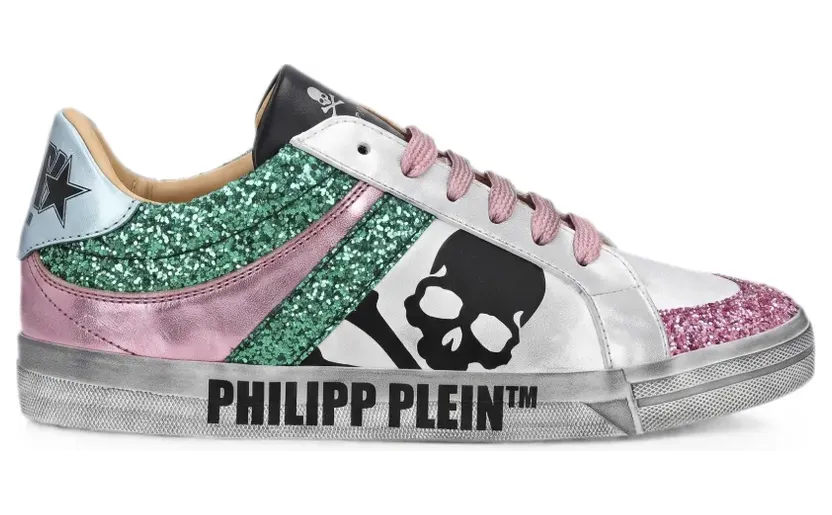 Philipp Plein aus Nappaleder mit Totenkopf im Glitter-Look “Silver” (UAFSWSC2589PLE010N)