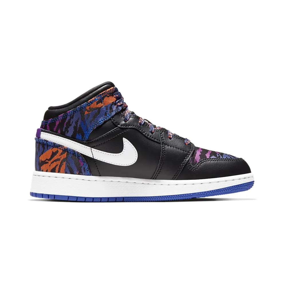 Jordan 1 Mid Multi-Color Tiger Stripe (GS) Black/White-Rush Violet-Black (AV5174-005)