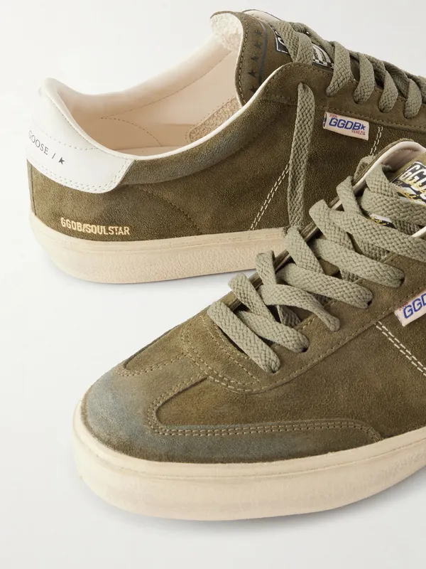 Golden Goose Soul Star Leather-Trimmed Distressed Suede Sneakers Army green (GMF00464.F008346) (5)