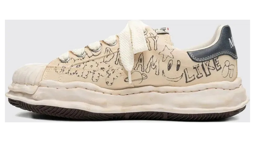 Maison Mihara Yasuhiro Blakey OG Used Effect Printed Cotton Canvas Sneakers White (A16FW730WHITE) (2)