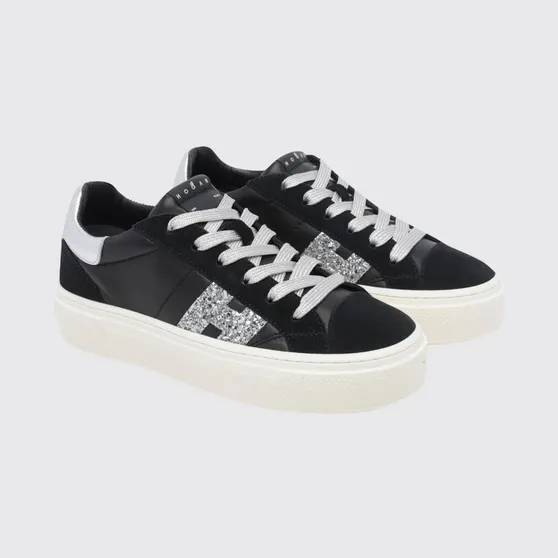 Hogan Crosswind Nappa and Suede Leather Sneakers with Glitter Logo and Platform Sole Black (HXW7050GB00VI10353)
