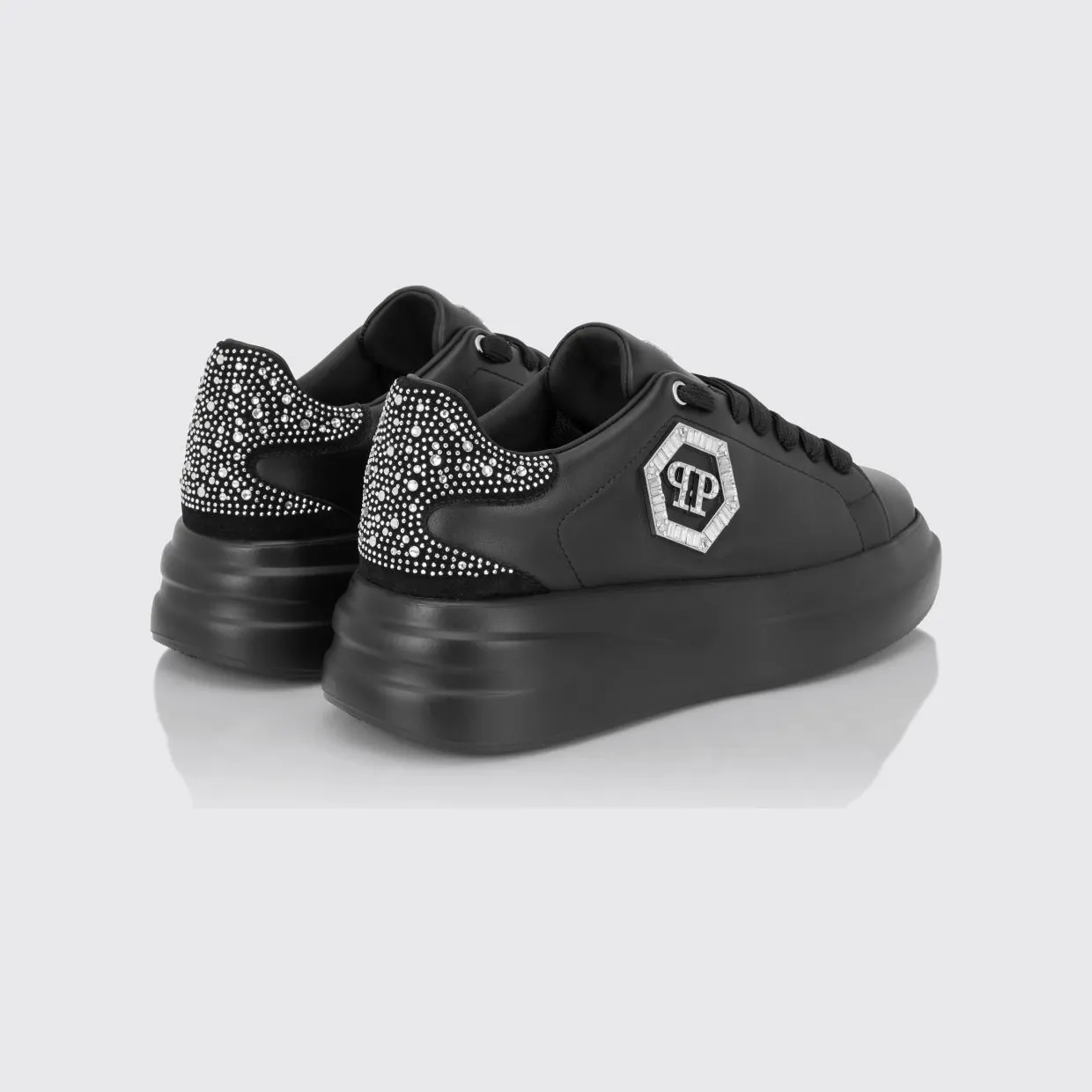 Philipp plein Leather Chunky Sneakers with Hexagon Logo and Rhinestones Black (FAFSWSC2812PLE022N0202) (2)