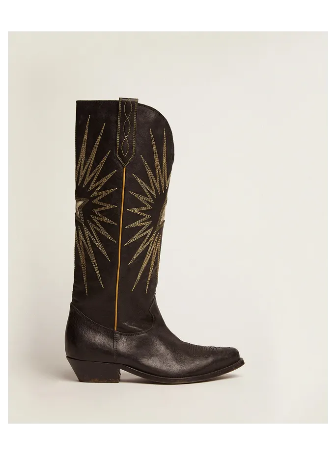 Golden Goose Wish Star Boots In Black Leather With Platinum Laminated Leather Inlay Star (GWF00135.F000571.90100)