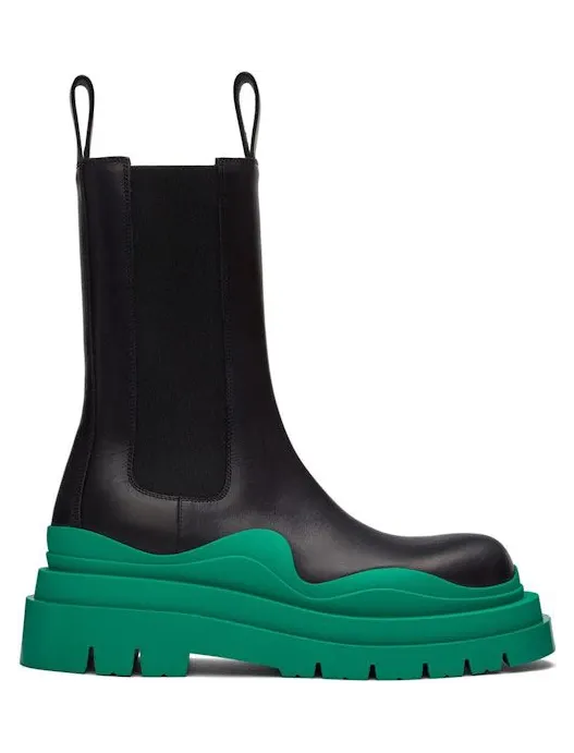 Bottega Veneta Leather Tire Chunky-Sole Chelsea Boot Black Acid Turquoise (630284VBS501489)