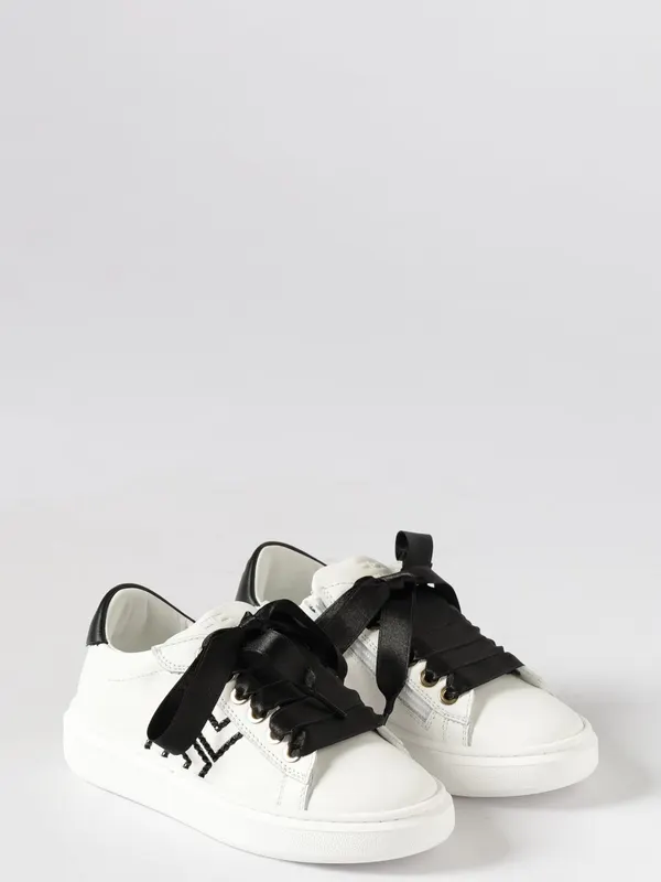 Elisabetta Franchi Leather Sneakers with Rhinestone Logo Ivory (F4A9E05040092B092)