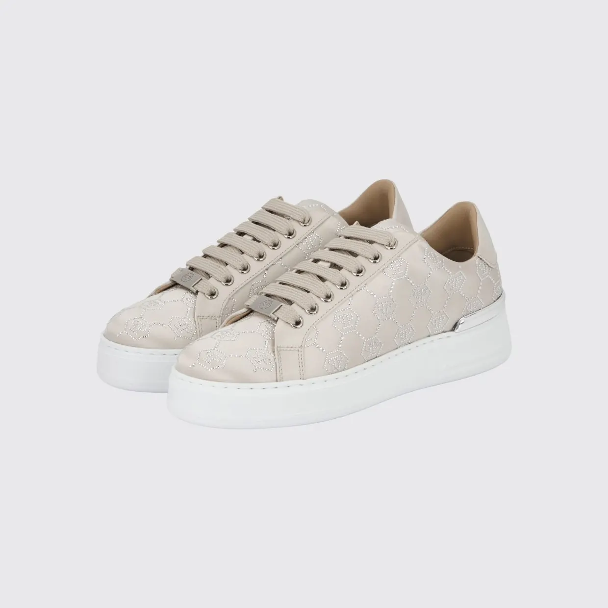Philipp plein Satin Sneakers with Rhinestone Hexagon Beige (PAESWSC2767PTE028N06)