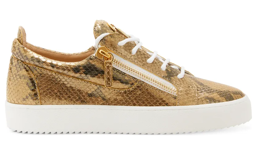 Giuseppe Zanotti Sneakers basses confectionnées en cuir lamé doré imprimé reptile avec lacets en coton ciré blanc, dotées d’un détail signature » en métal doré sur la languette et de fermetures à glissière dorées sur les côtés de la tige. la semelle en caoutchouc blanc of (RU20004002)