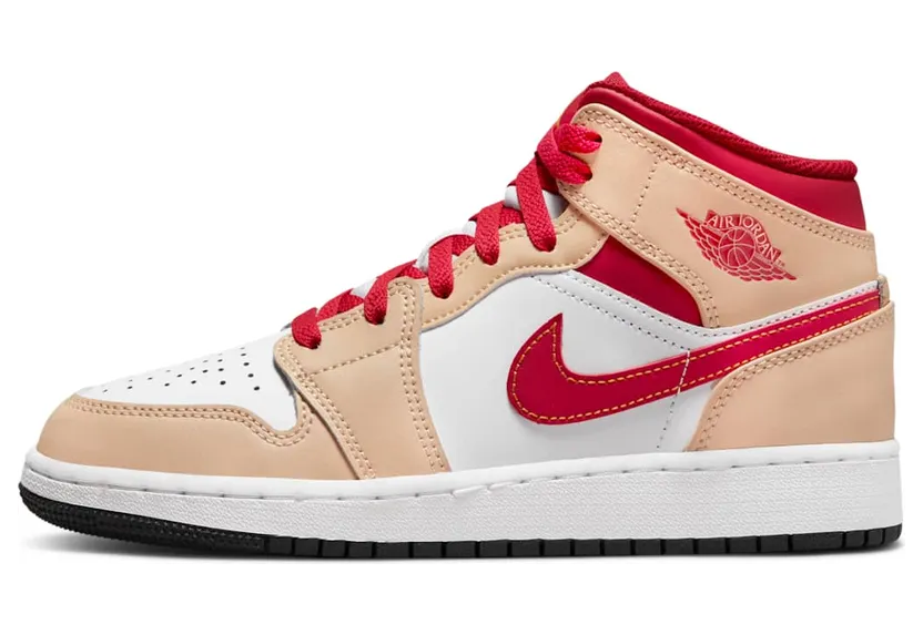 Air Jordan 1 Mid GS Beige “White Onyx / White / Cardinal Red / Light Curry” (554725-201)