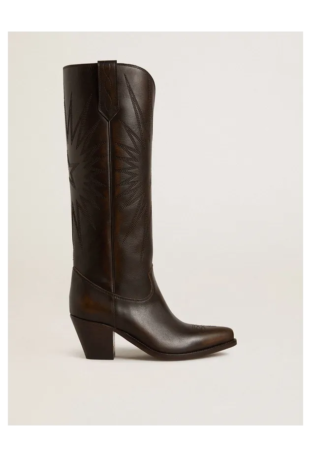 Golden Goose Wish Star Boots In Dark Brown Leather With Tone-On-Tone Embroidered Star (GWF00779.F006291.55390)