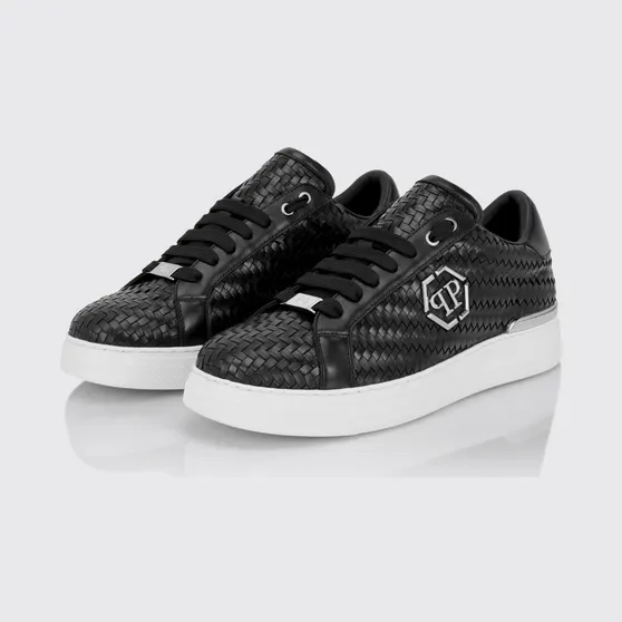 Philipp plein Woven Leather Low-Top Sneakers with Hexagon Logo Black (FAFSMSC4090PLE010N02)