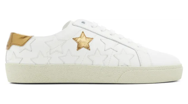 Saint Laurent White and Gold Star Court Classic Sneakers (592541 00N90)
