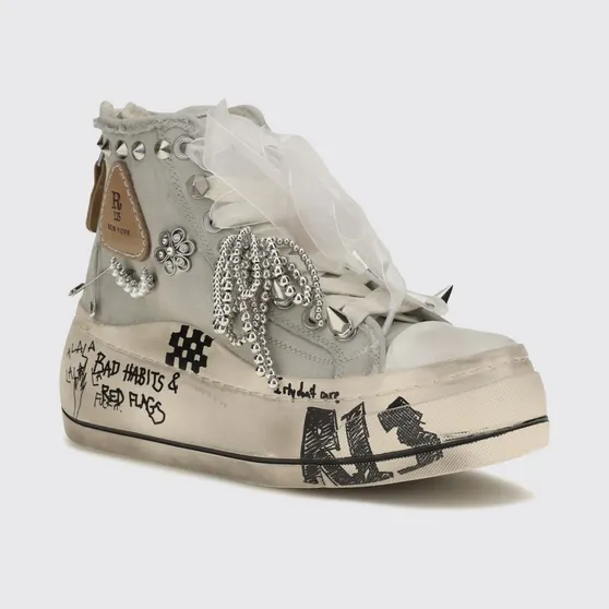 R13 Kurt Bicolor Canvas High-Top Platform Sneakers with Back Zip White (R13S5029S269W)