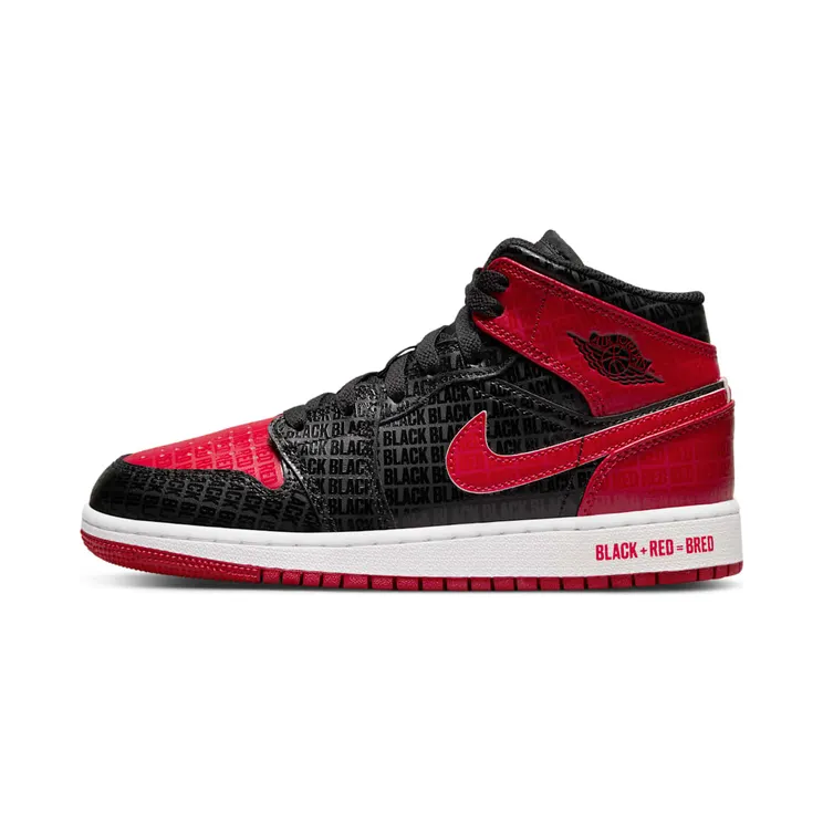 Air Jordan 1 Mid Bred Text (GS) “Black / White / Gym Red” (DM9650-001)