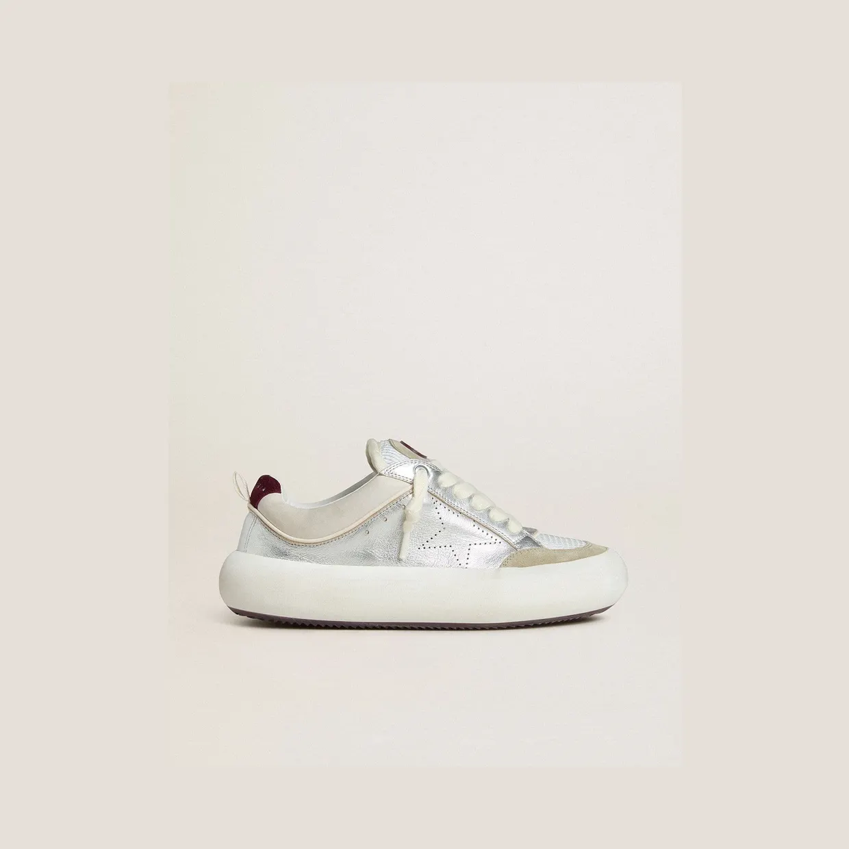Golden Goose Women’S Space-Star Cube In Ice-Gray And Silver Leather With Burgundy Heel Tab (GWF00807.F007976.70341)