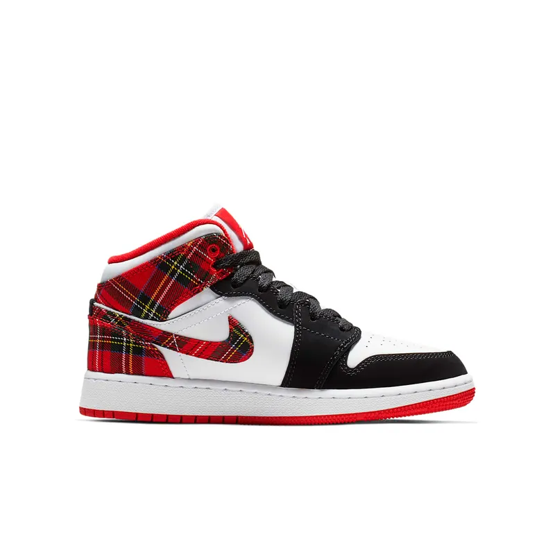 Jordan 1 Mid White Plaid (GS) Habanero Red/Black-White (554725-607)