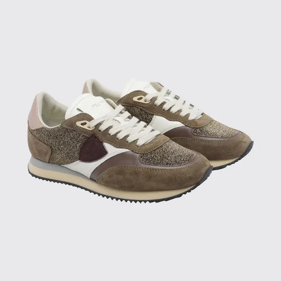 Philippe Model Blville Low-Top Sneakers in Suede and Lurex with Serrated Sole Brown (BVLDGR06)