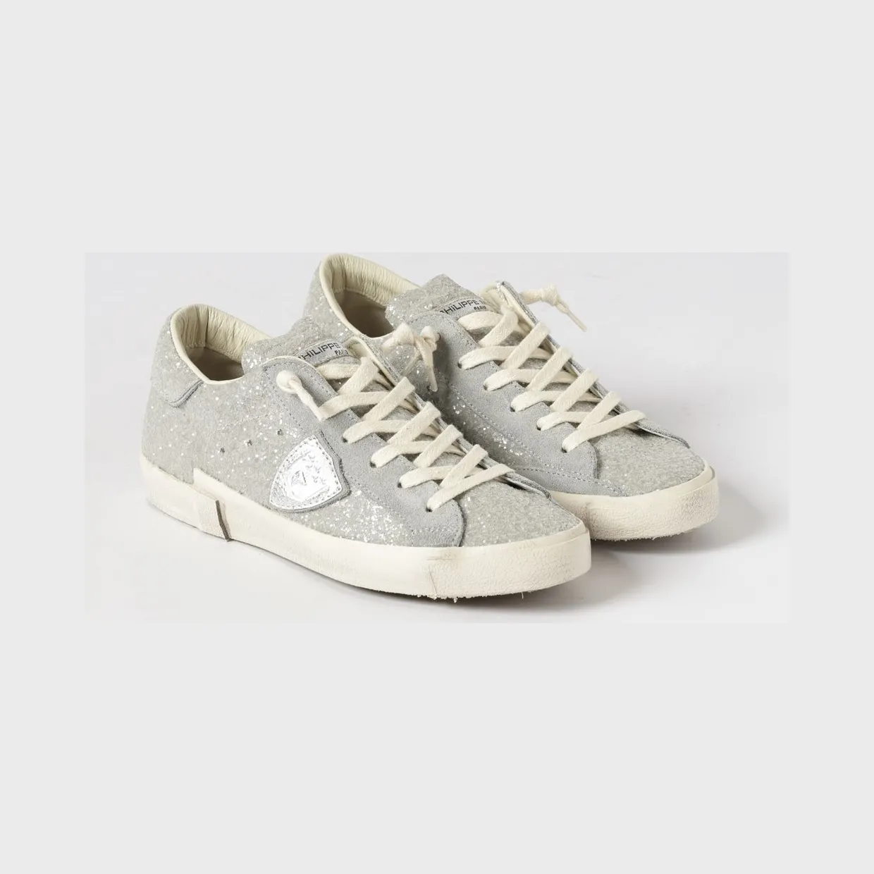 Philippe Model Low-Top Sneakers in Leather and Fabric with Glitter and Embroidery Silver (PRLDGG09)