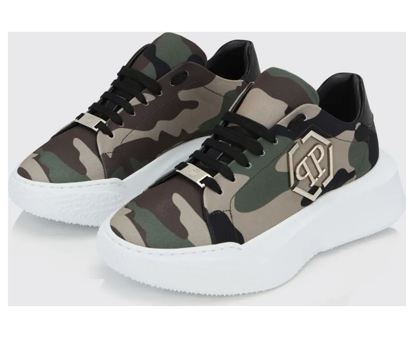 Philipp plein Camouflage Cotton Low-Top Sneakers with Chunky Sole and Hexagon Logo Military (A20SMSC3046PLE075N50)