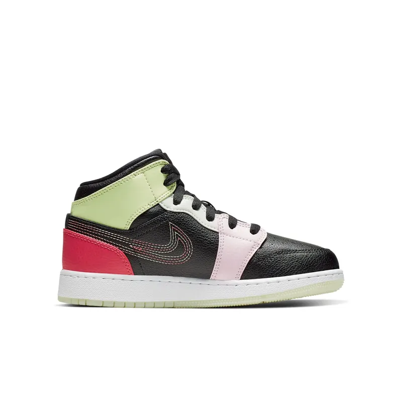 Jordan 1 Mid Glow-In-The-Dark (GS) Black/Ember Glow-Barely Volt-Light Soft Pink-Jade Aura (AV5174-076)