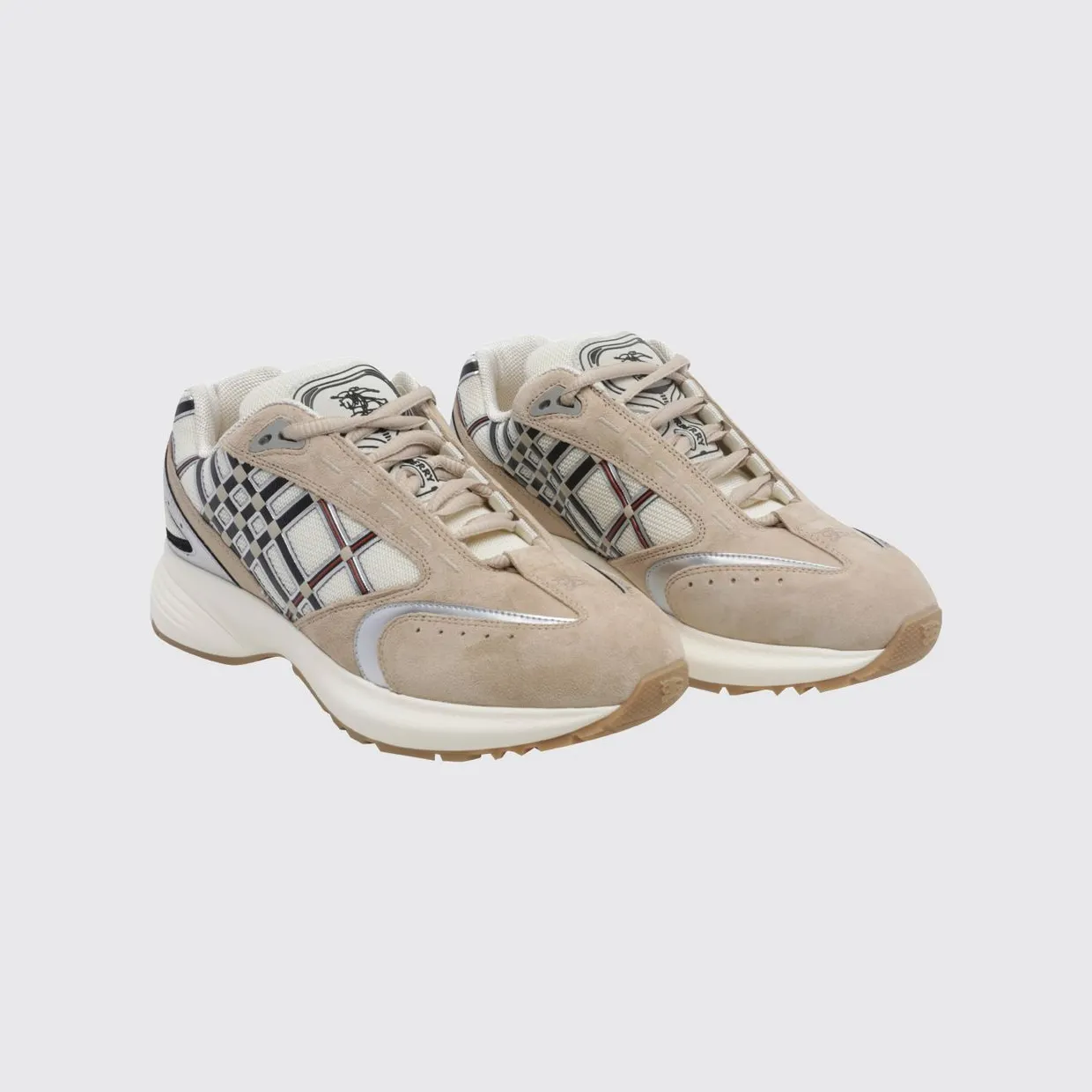 BURBERRY Eclipse Runner Suede and Mesh Check Pattern Sneakers Silver (8127713)