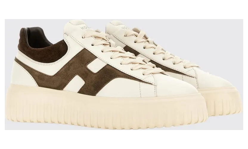 Hogan H-Stripes Leather and Suede Trainers with H Logo and Platform Sole White 1 (HXM6450FE91N1M762F)