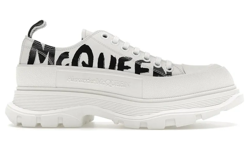 Alexander McQueen Tread Slick Low Lace Up Leather Graffiti White Black White (682423WIABD9488)