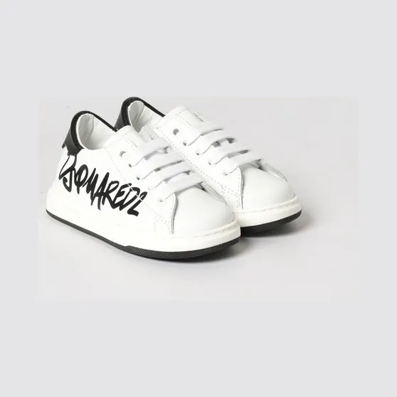 Dsquared2 Boy’s Lace-Up Calfskin Sneakers with Printed Logo White (8267502)