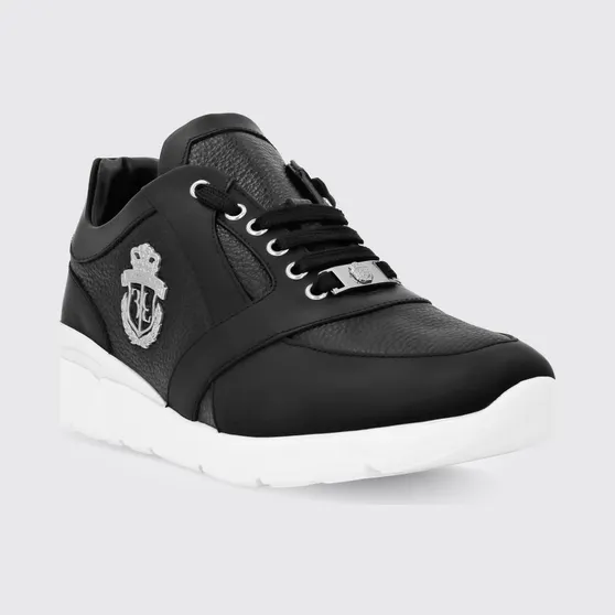 Billionaire Crest Runner Sneakers in Smooth and Grained Leather with Metallic Logo White 1 (RAESMSC2890BLE001N0201)