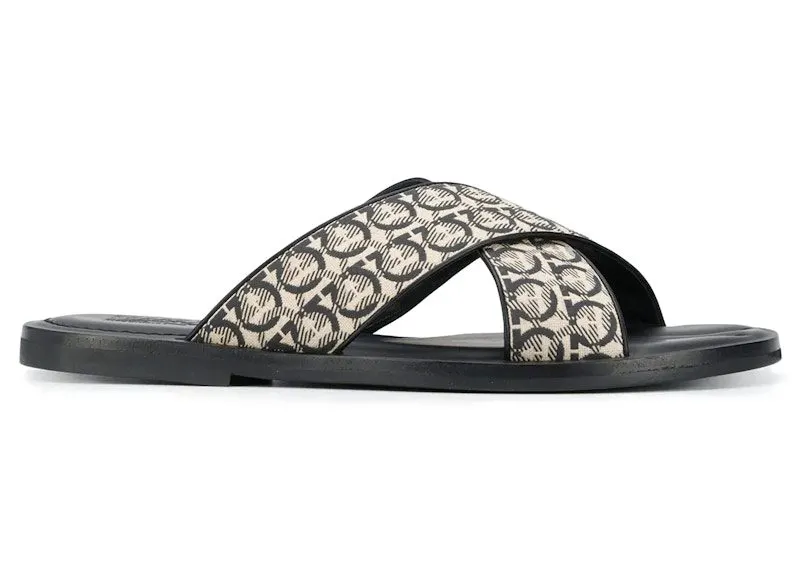 Ferragamo Gancini Printed Pool Slides Beige Black (02C320729628)