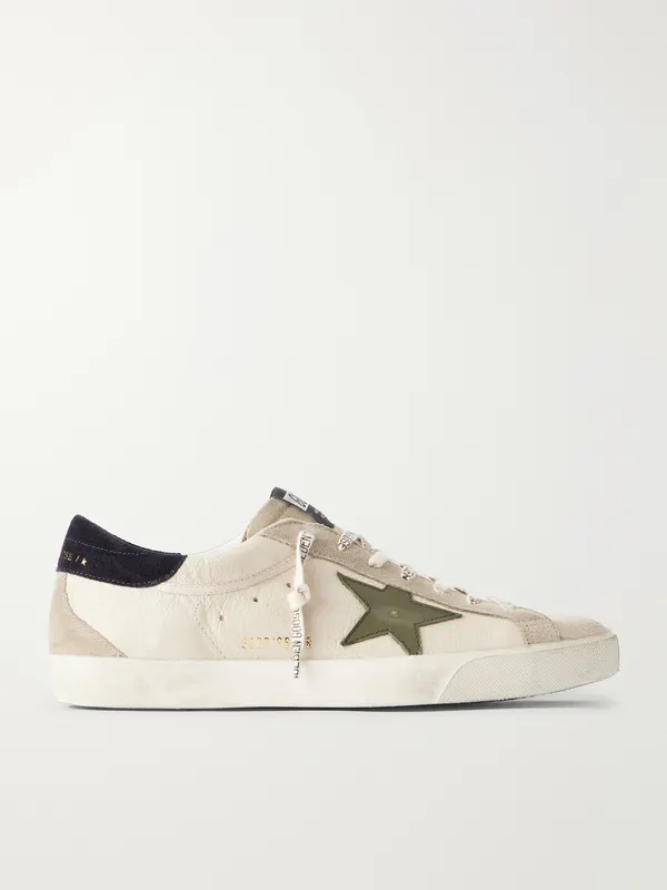 Golden Goose Super-Star Distressed Suede -Trimmed Leather Sneakers Cream (GMF00102.F008728)